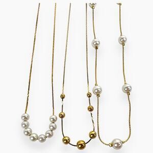 Gold Tone Necklace Lot 3 Station Chain Ball Bead Faux Pearls Sliding White Beads